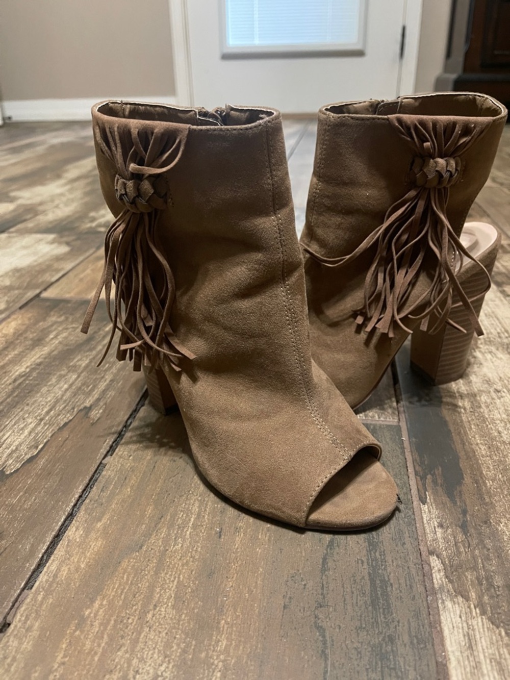 JustFab Brown Suede Open-Toe Fringe Ankle Booties